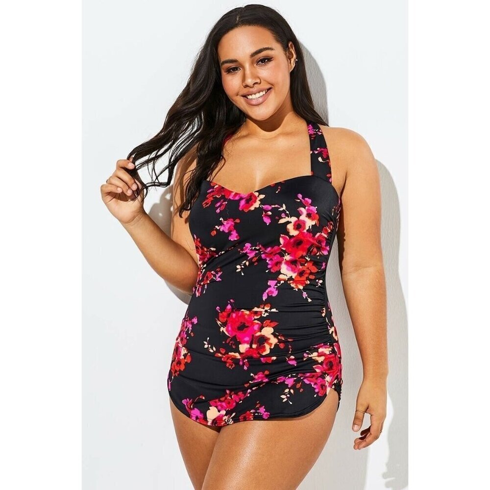 Women's Black Pink Poppies Floral One Piece Swim Suit PLus Women Size 3X
